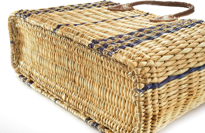 Kobolo Tasche Seegrastasche Korbtasche Strandtasche - Lederhenkel - Muster in blau