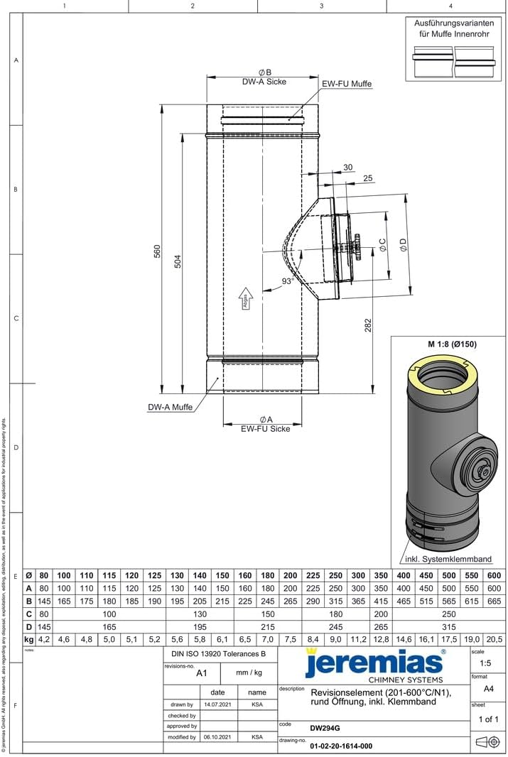 Jeremias DW-FU Längenelement Ø180mm Edelstahl Abgassystem mit Revision für Festbrennstoffe bis 600°C