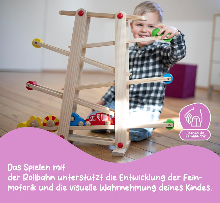 Eichhorn 100002029 Grosse Rollbahn aus Kiefernholz, 7-teilig, mit 6 Rollelementen, Kugelbahn für Kin