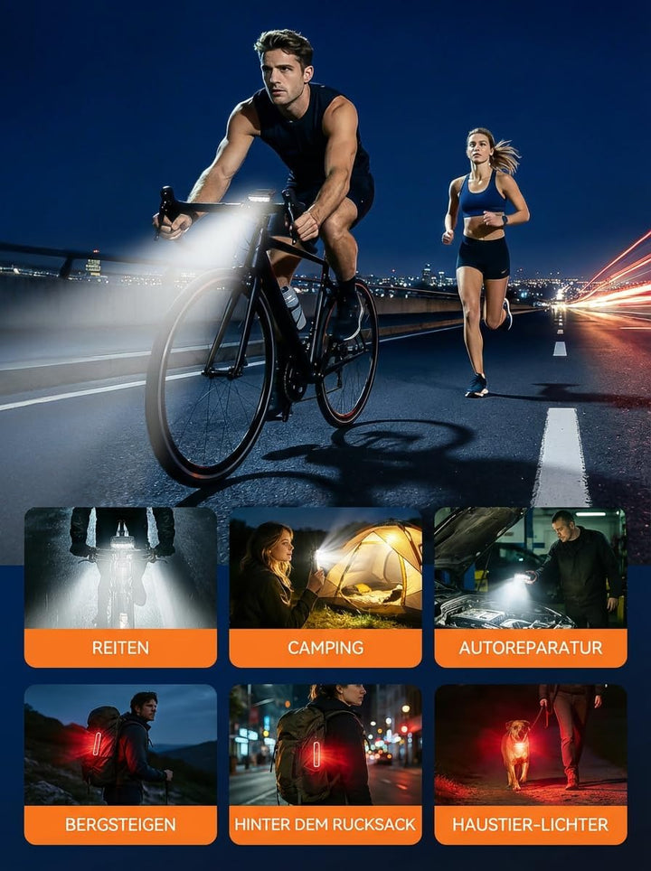Fahrradlicht Set mit Bremslichtfunktion Superhell Extrem leicht (60g), StVZO zugelassen,USB-C Auflad