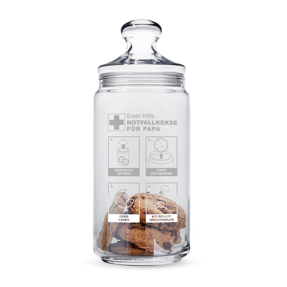 Casa Vivente Keksglas mit Gravur und Deckel, Keksdose aus Glas, Papas Notfallkekse, Vorratsglas, Ges
