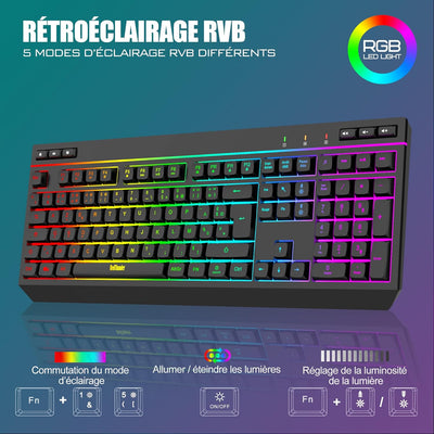 RedThunder K20 Kabellose Tastatur und Maus, wiederaufladbar, französisches AZERTY, RGB-Hintergrundbe