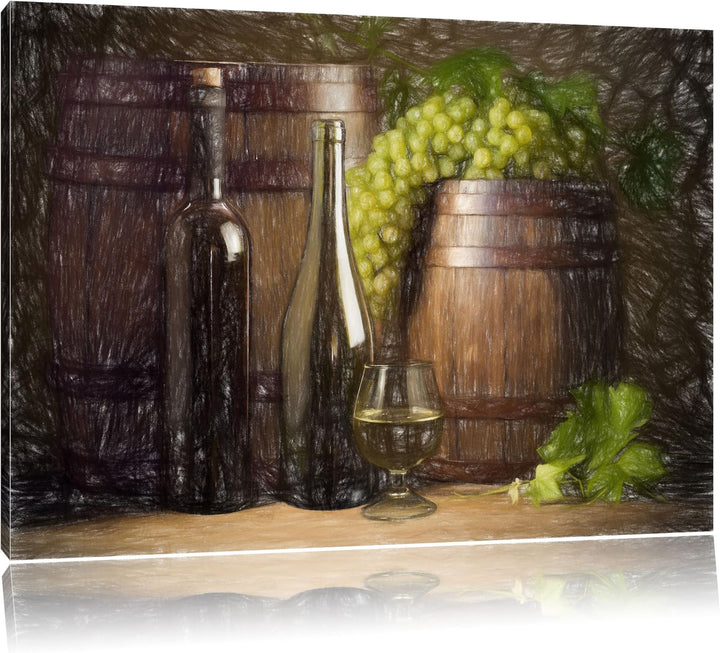 Pixxprint Fässer mit Weintrauben und Wein als Leinwandbild/Grösse: 100x70 cm/Wandbild/Kunstdruck/fer