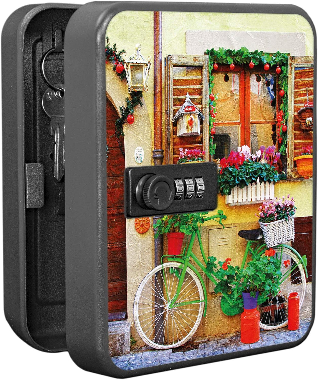 banjado® Burg-Wächter® abschliessbarer Schlüsselkasten mit Motiv Grünes Fahrrad für 20 Schlüssel - S
