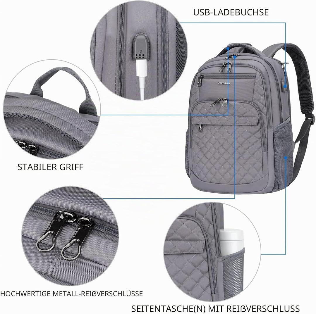 KROSER Laptop Rucksack 17-17,3'' Business Rucksack Schulrucksack 17.3" Gesteppt Grau, 17.3" Gesteppt
