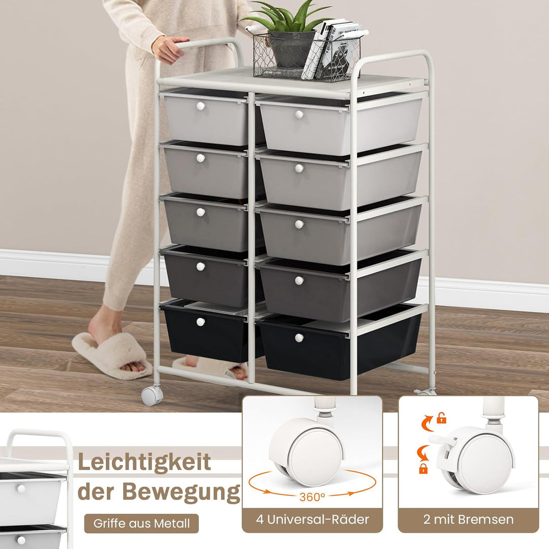 GOPLUS Rollwagen mit 10 Schubladen stapelbar, Rollcontainer mit Ablage & Metallgestell, Badregal, Au