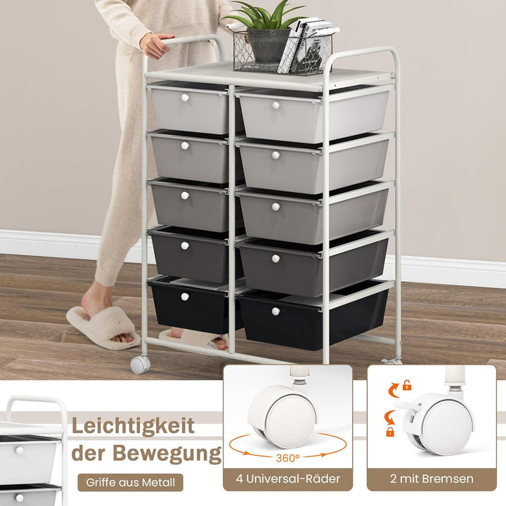 GOPLUS Rollwagen mit 10 Schubladen stapelbar, Rollcontainer mit Ablage & Metallgestell, Badregal, Au