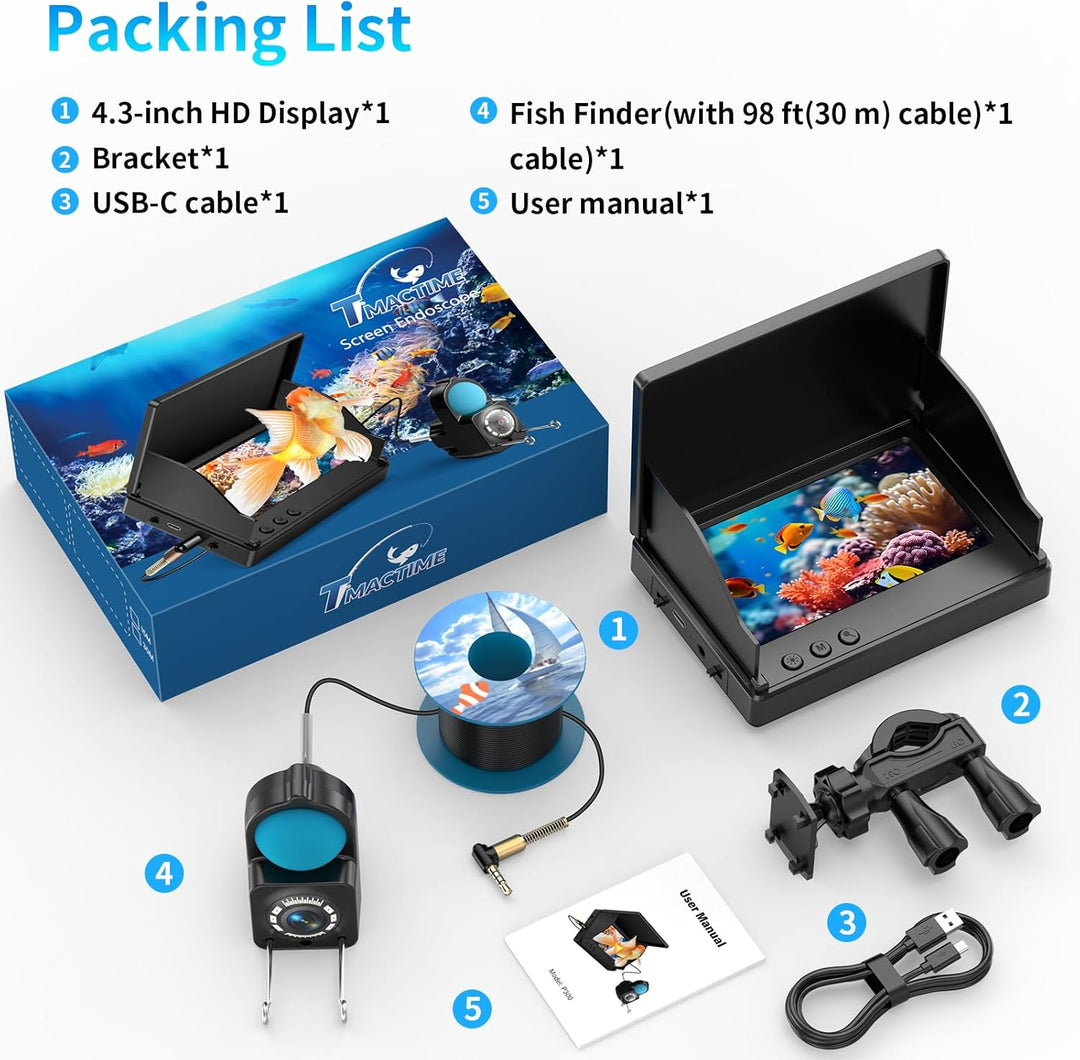 1080P HD Fischfinder Echolot Angeln mit 4.3-Zoll-LCD, 30 m Wasserdichtem IP68-Kabel und 6 IR-Nachtsi