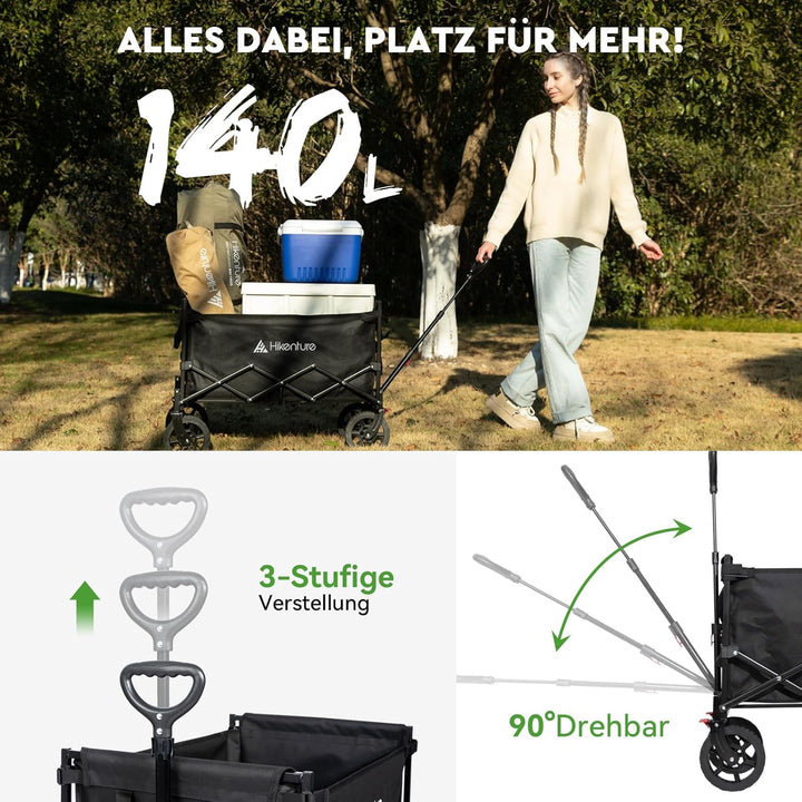 HIKENTURE Bollerwagen Faltbar mit Bremen - 140 Liter Volumen &amp; 150KG belastbar - Extrem Faltbarer Bo