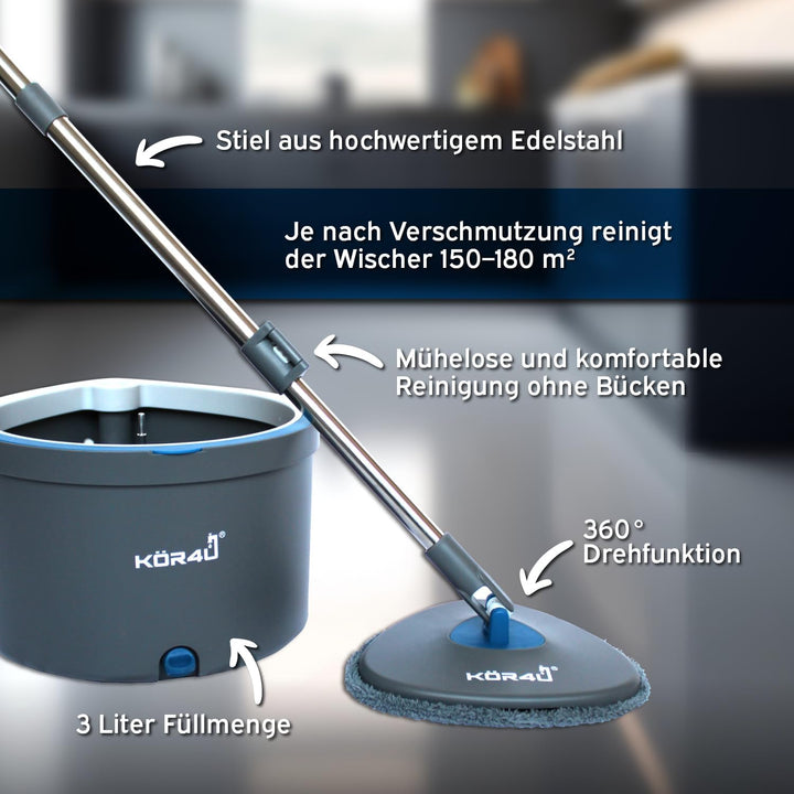 kör4u Wischmopp Set mit Eimer und 2-Kammer-System zur Trennung von Schmutz- und Frischwasser, mit Au