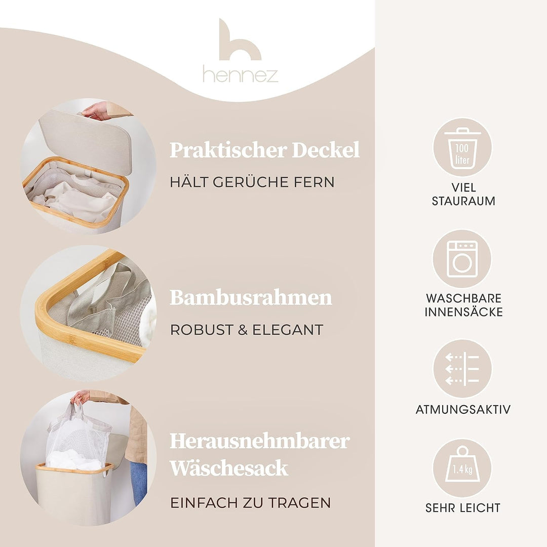 HENNEZ 100L Wäschekorb mit Deckel Beige - herausnehmbaren Wäschesack Wäschesammler schmal mit Deckel