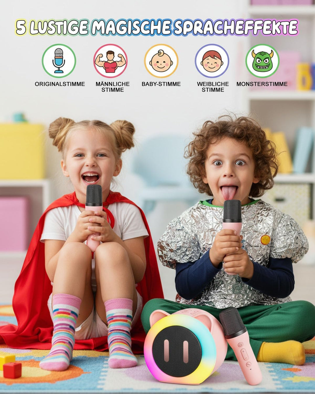 Karaoke Maschine Kinder mit 2 Bluetooth Karaoke Mikrofon, 5 Toneffekten, 5 RGB Lichteffekte, Stimmwe