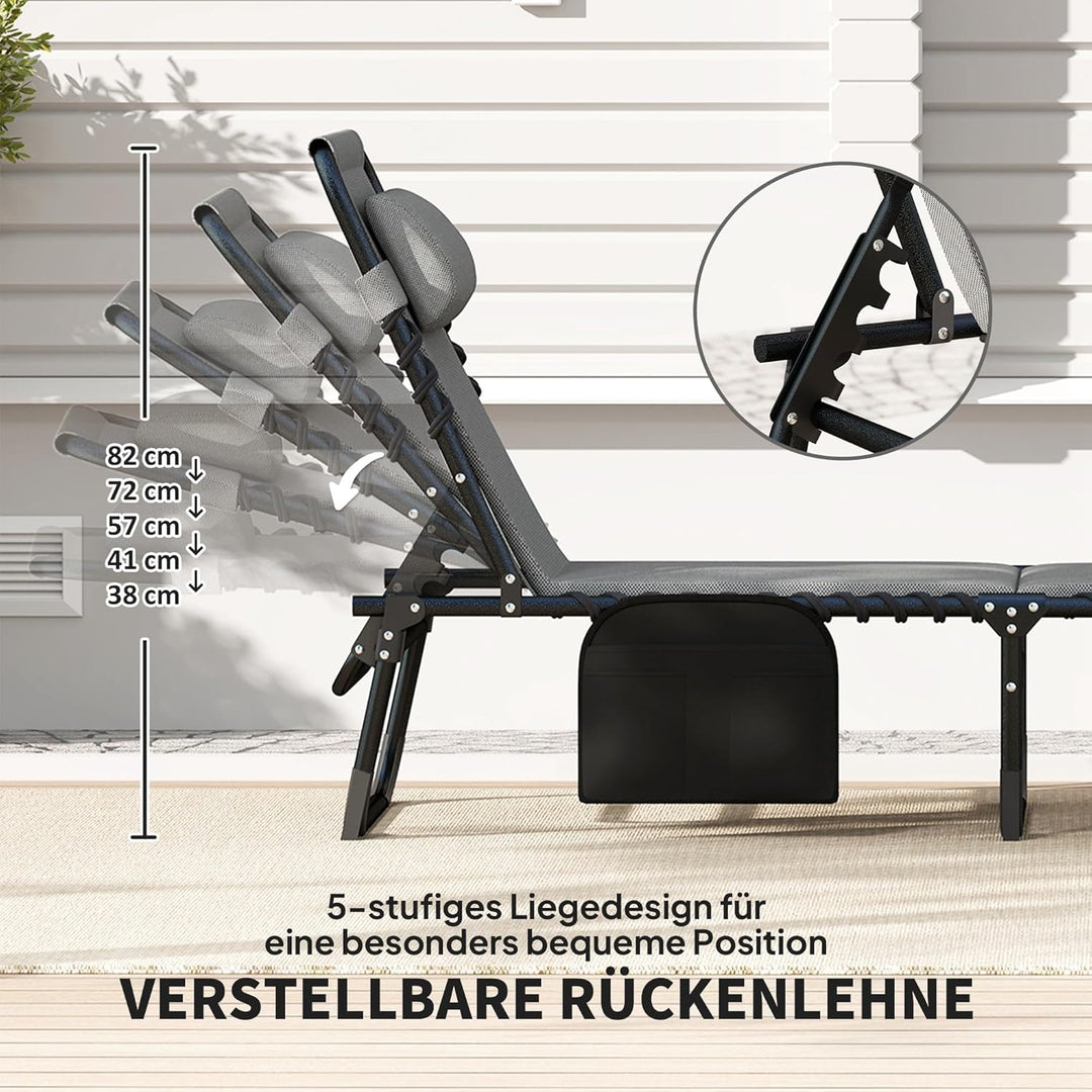 Outsunny Sonnenliege klappbar Gartenliege mit Kopfkissen Seitentasche, Polstert Liegestuhl mit 5-Fac