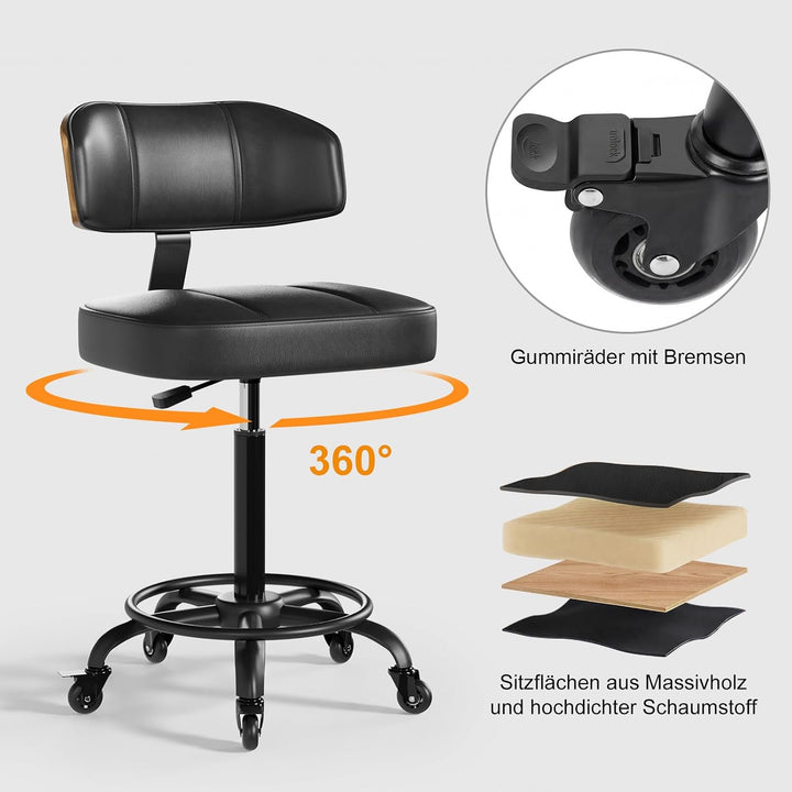 Rollhocker HöHenverstellbar, Bürohocker Ergonomisch,Arbeitshocker, Drehhocker 360°,Mit Rückenlehne P