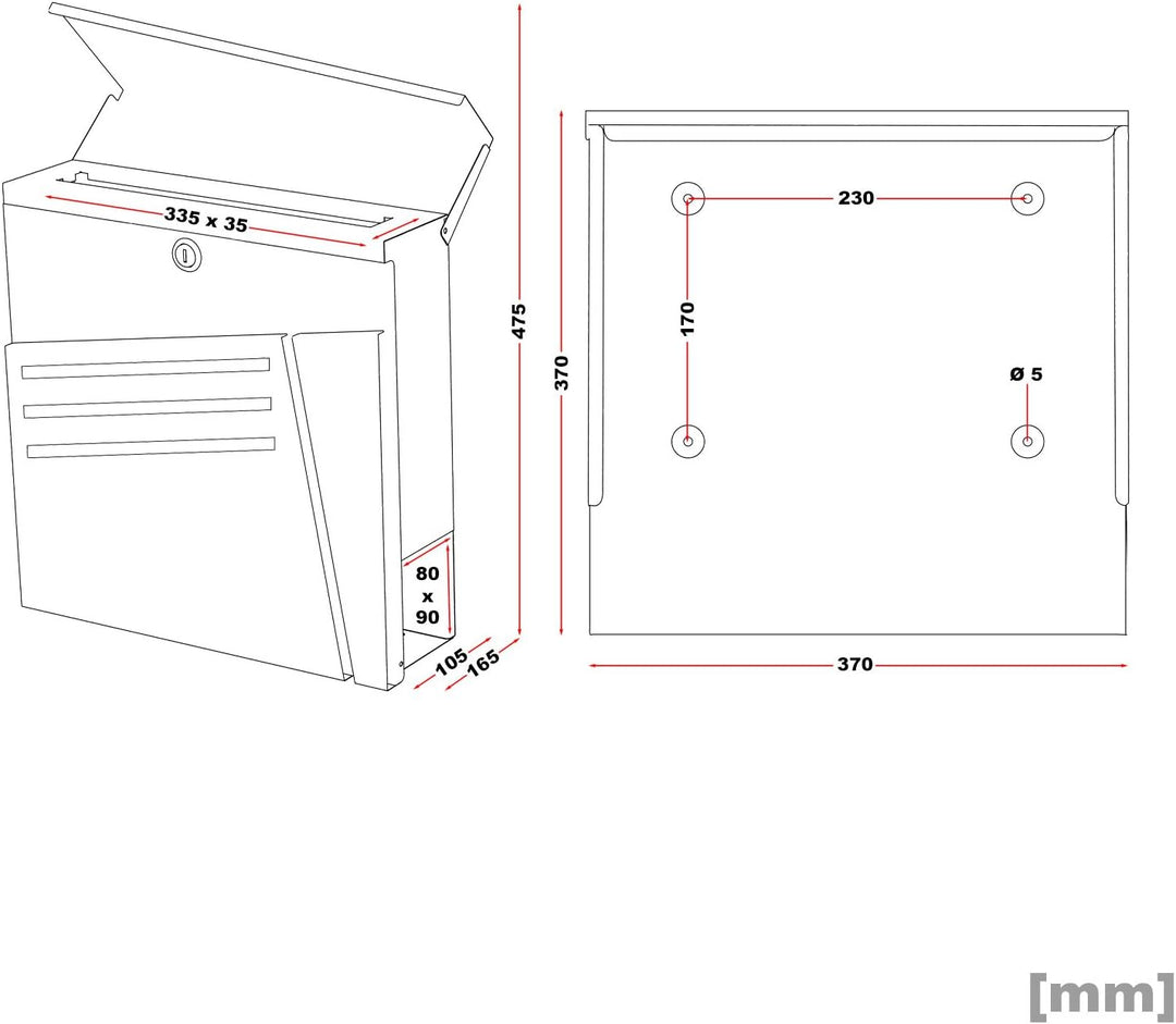 Wiltec Designer Briefkasten V25 Anthrazit und Edelstahl 370 x 105 x 370 mm, Wandbriefkasten mit Schl
