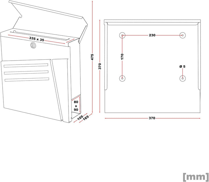 Wiltec Designer Briefkasten V25 Anthrazit und Edelstahl 370 x 105 x 370 mm, Wandbriefkasten mit Schl