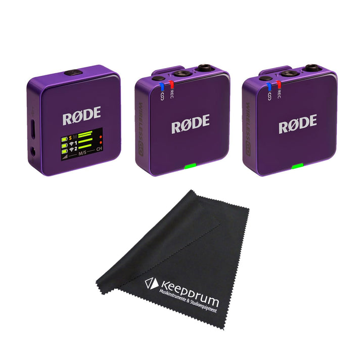 Rode Wireless GO Gen 3 Drahtloses 2-Kanal Mikrofon-Funksystem Lila mit keepdrum Mikrofasertuch, Lila