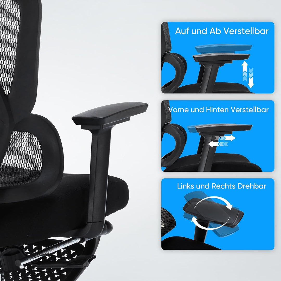 Bürostuhl Ergonomisch, Schreibtischstuhl aus Netzgewebe mit Kopfstütze, Fussstütze und 3D-Armlehnen,