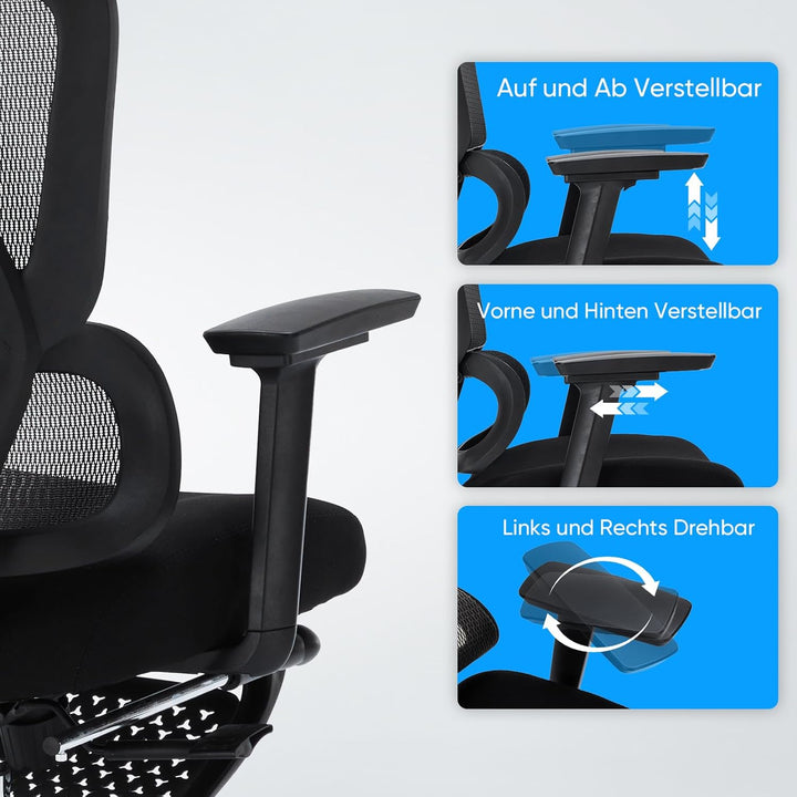 Bürostuhl Ergonomisch, Schreibtischstuhl aus Netzgewebe mit Kopfstütze, Fussstütze und 3D-Armlehnen,