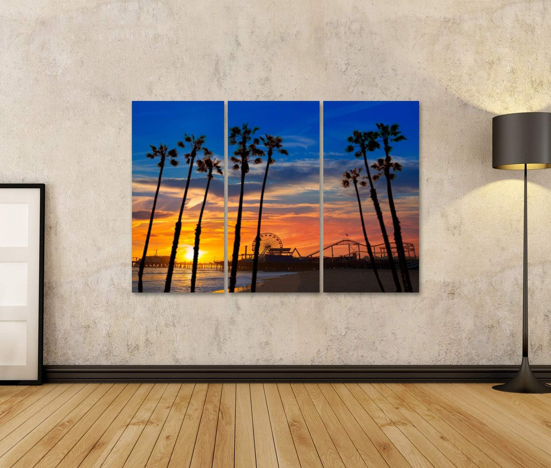 islandburner Bild auf Leinwand Santa Monica Kalifornien Sonnenuntergang Pier Fähren Rad Reflexion St