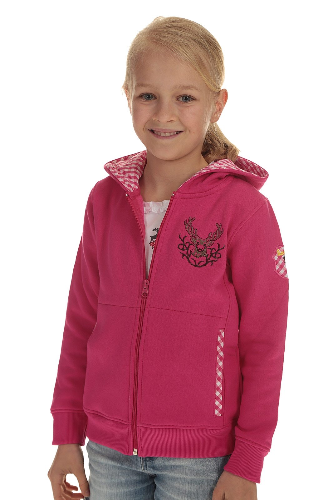 Isar-Trachten Kinder Jacke Trachtenjacke Mädchen pink, Kapuzenjacke Kinder Sweatjacke mit Hirschstic