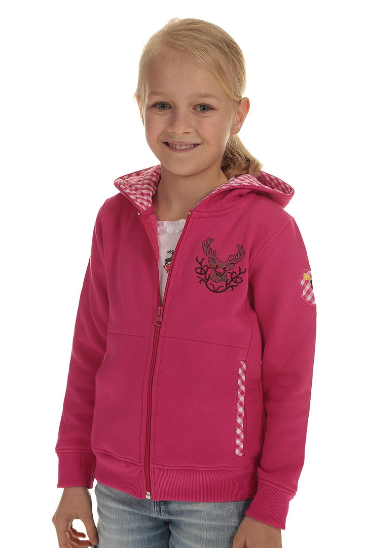 Isar-Trachten Kinder Jacke Trachtenjacke Mädchen pink, Kapuzenjacke Kinder Sweatjacke mit Hirschstic