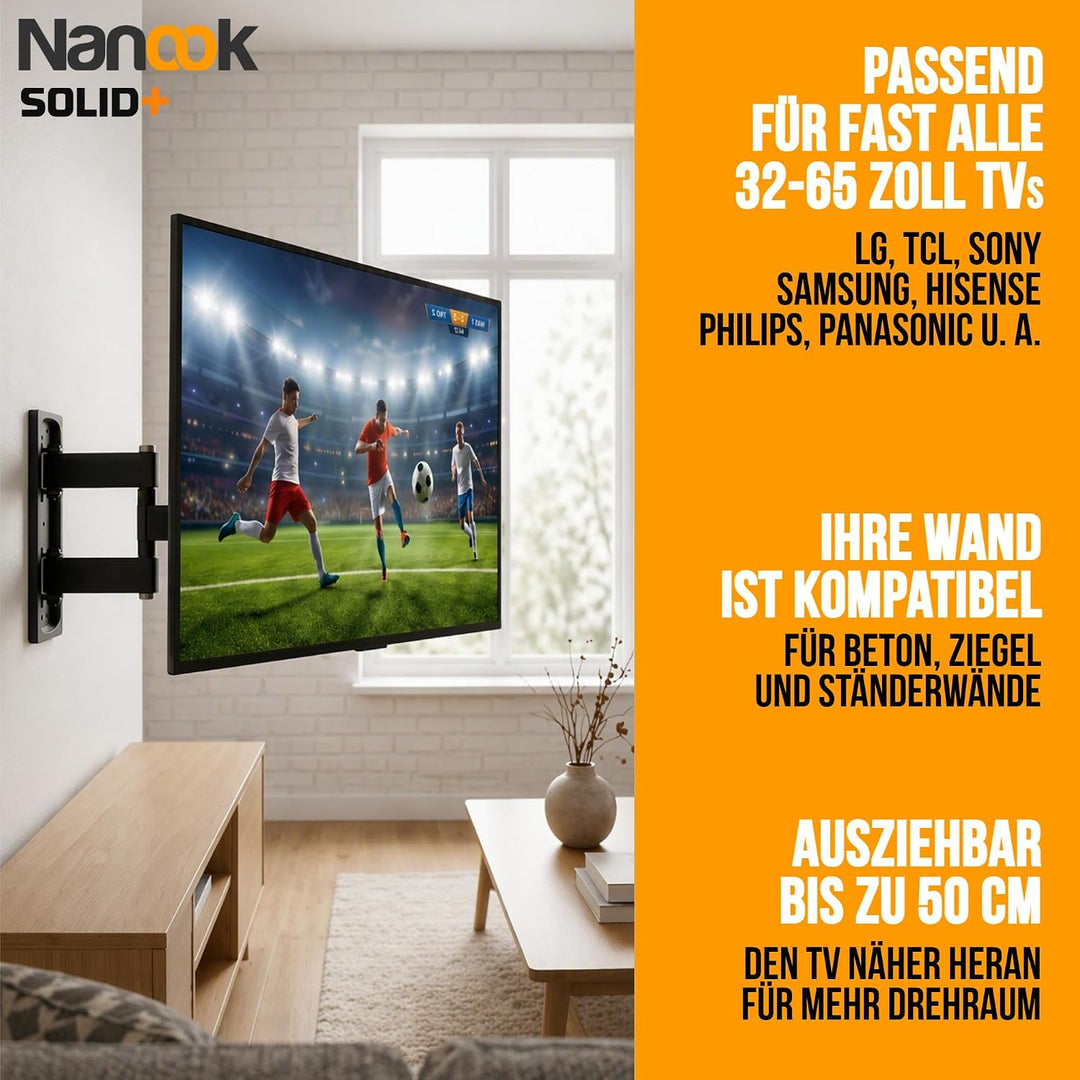 NANOOK Solide+ Schwenkbare TV-Wandhalterung 32–65 Zoll | Optimaler Blickwinkel | Neigbar 15° | VESA