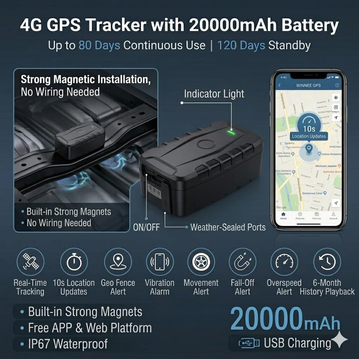 TKMARS TK918 Auto GPS-Tracker, 20000mAh. Langlebiger Akku, Starkes magnetisches Echtzeit-GPS-Trackin