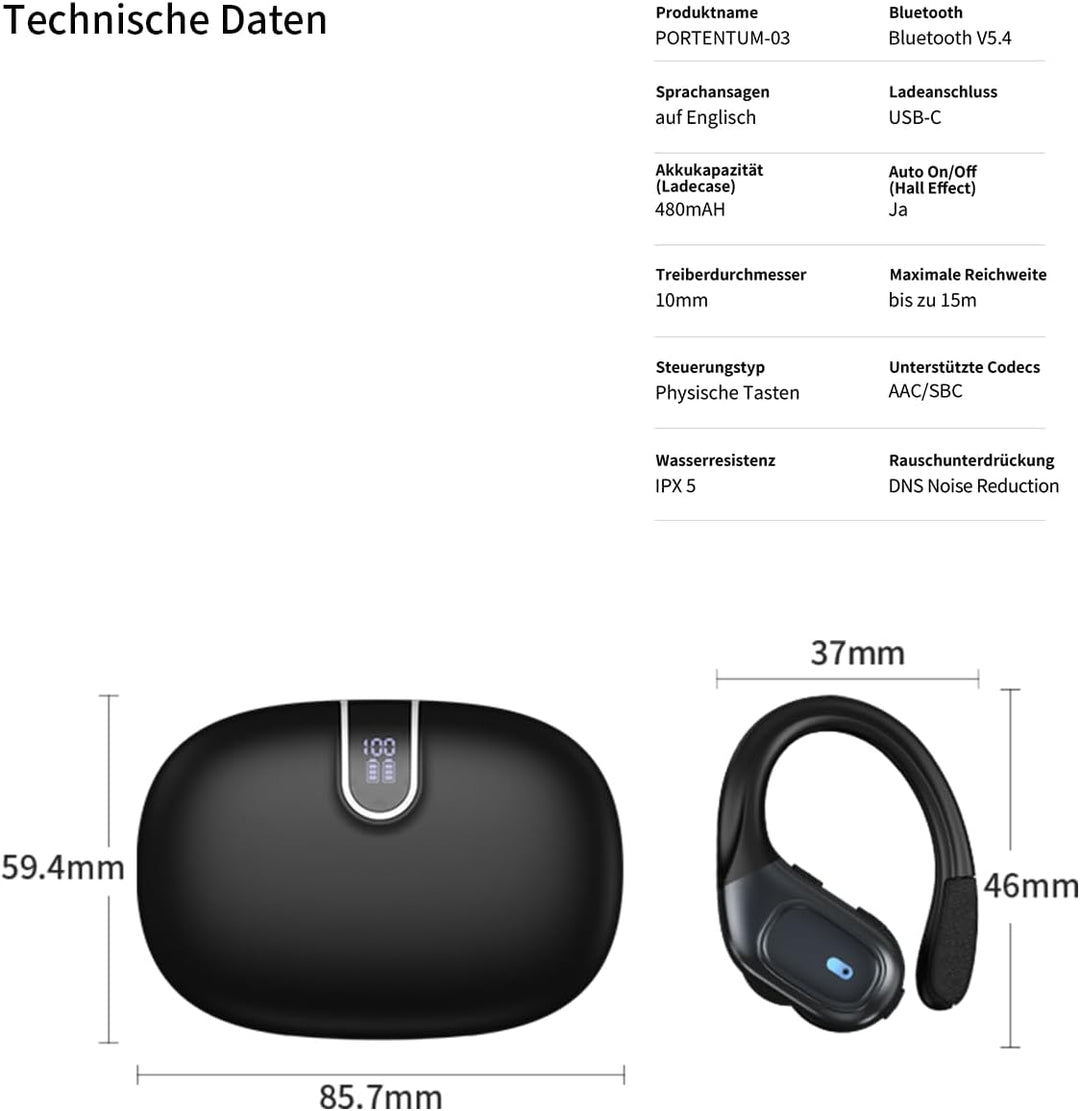PORTENTUM Bluetooth kopfhörer Sport – LED-Anzeige – DNS Geräuschreduzierung – 50h Akku – Bluetooth 5