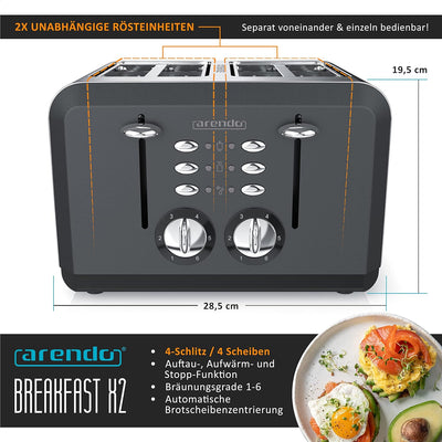 Arendo - Automatik Toaster 4 Scheiben in Edelstahl, bis zu Vier Sandwich und Toast-Scheiben, Bräunun