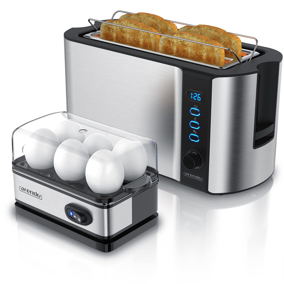 Arendo - SET Eierkocher SIXCOOK mit Toaster FRUKOST Edelstahl Silber, Toaster 4 Scheiben, LED-Displa