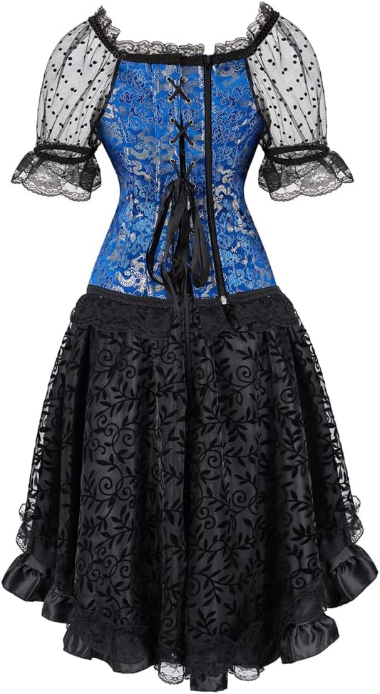 Damen Vollbrust Corsage Bluse Shirt mit Asymmetrischer Rock Tüll Tutu, Blau