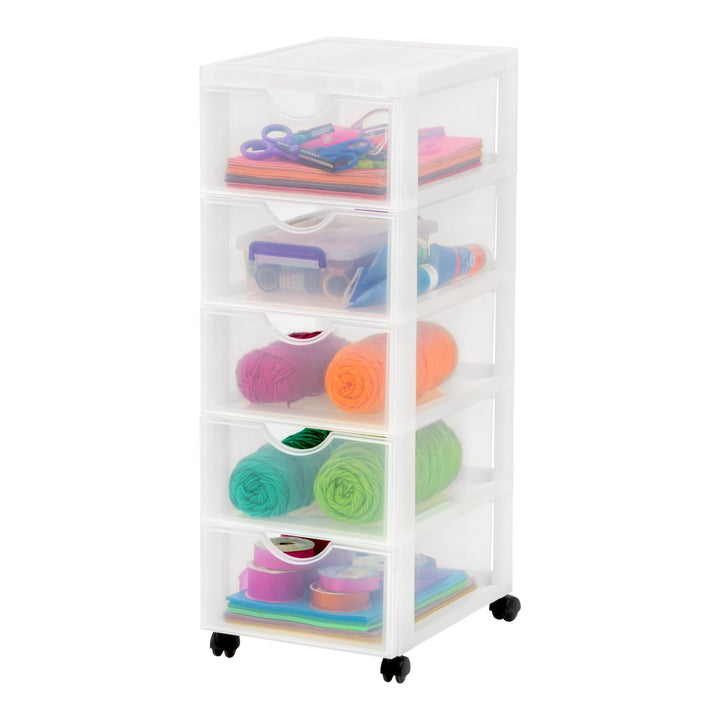 Iris Ohyama Kunststoff-Schubladenbox mit Rollen, 5 tiefen Schubladen, Mattweiss, Griffe zum Ziehen,