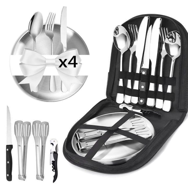 Camping Geschirr Set, Camping Besteck Edelstahl Inklusive Bestecktasche Edelstahl-Gabeln, Messer und