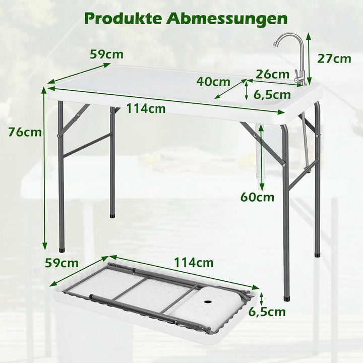 COSTWAY Fischreinigungstisch klappbar, Filetiertisch mit Spüle, Wasserhahn &amp; Messskala, Campingtisch