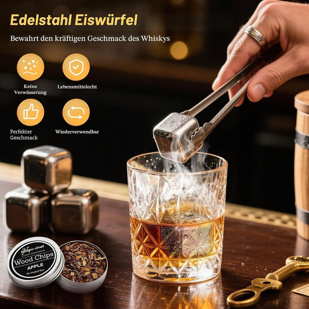 Whisky Smoker Set, whiskey smoker, 8 Holzchips, 3 Edelstahl-Whiskysteinen, Bar Zubehör, Geschenk für