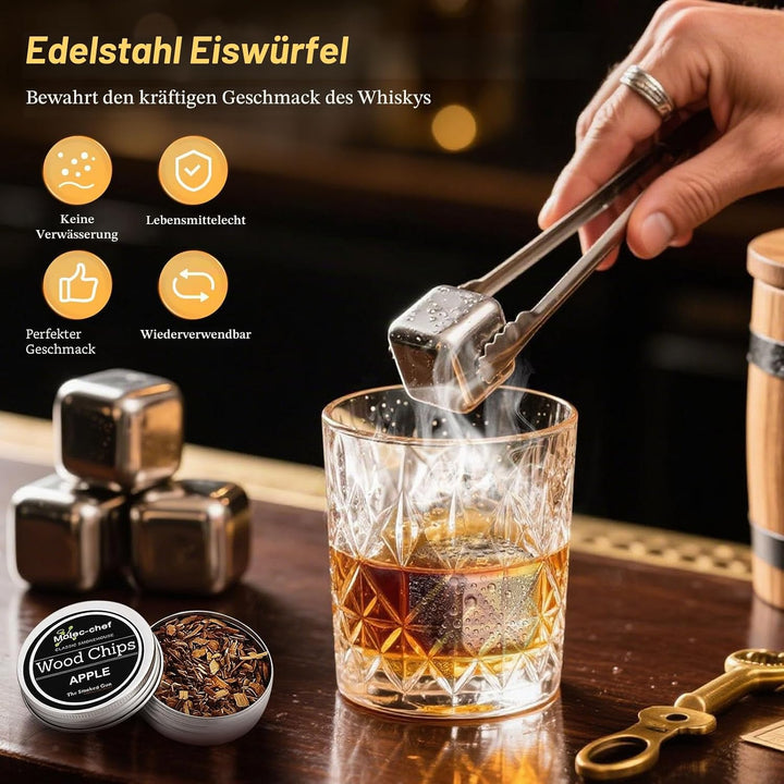 Whisky Smoker Set, whiskey smoker, 8 Holzchips, 3 Edelstahl-Whiskysteinen, Bar Zubehör, Geschenk für