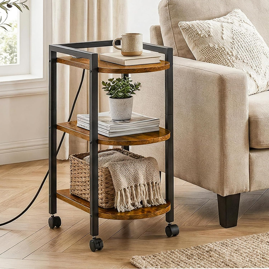 HOOBRO Schmaler Beistelltisch mit Ladestation, Sofatisch, 3-stufiger Couchtisch, Nachttisch mit Roll