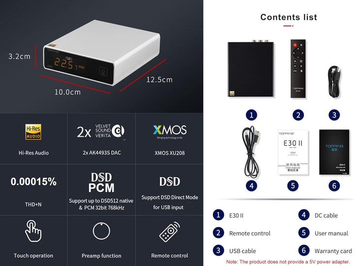 Topping E30 II DAC Vorverstärker – 2 x AK4493S Hi-Res XMOS XU208 DAC 32 Bit/768 kHz DSD512 DSD Direc