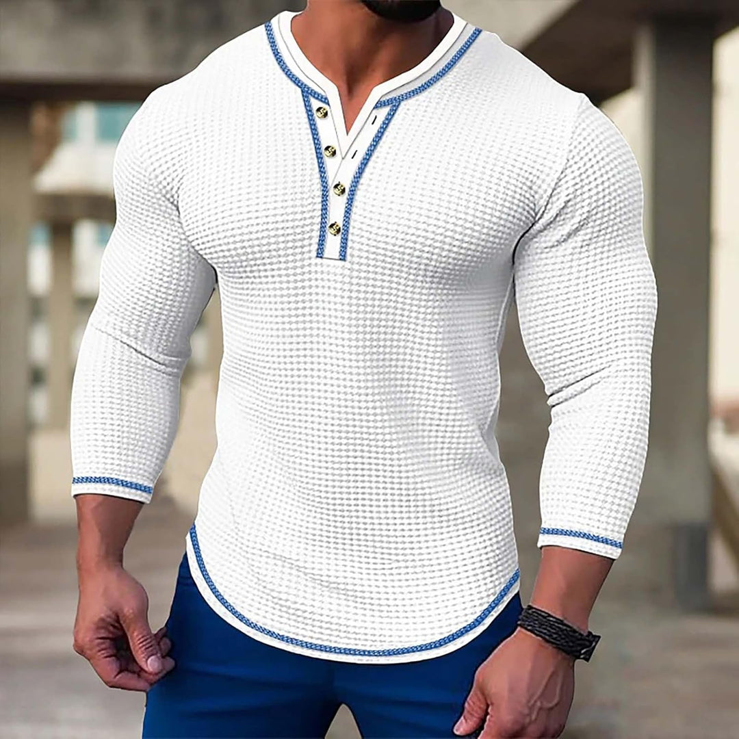 Herrenmode Herbst Casual Langarm Knopf Einfarbig Langarm T-Shirt Top Schicke Herren Weiss L, Weiss L