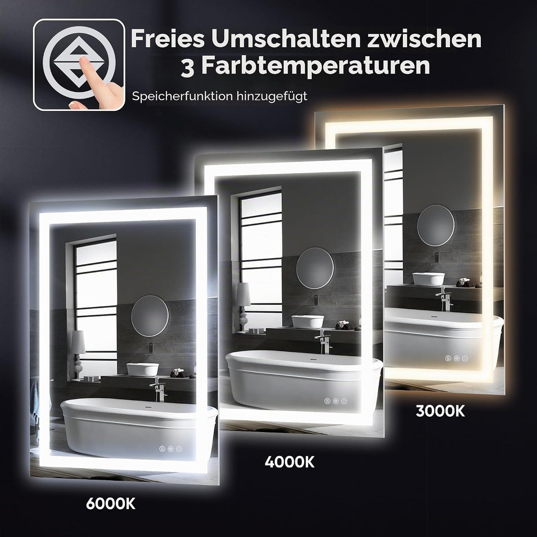 Antok 80x60cm LED Badezimmerspiegel mit Beleuchtung, dimmbarer beschlagfreier Smart-Spiegel mit 3 Fa