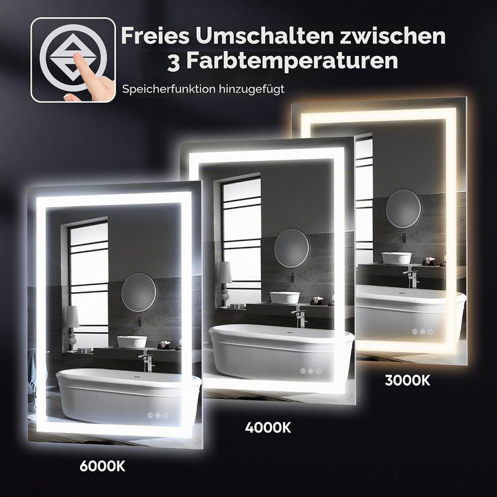 Antok 80x60cm LED Badezimmerspiegel mit Beleuchtung, dimmbarer beschlagfreier Smart-Spiegel mit 3 Fa