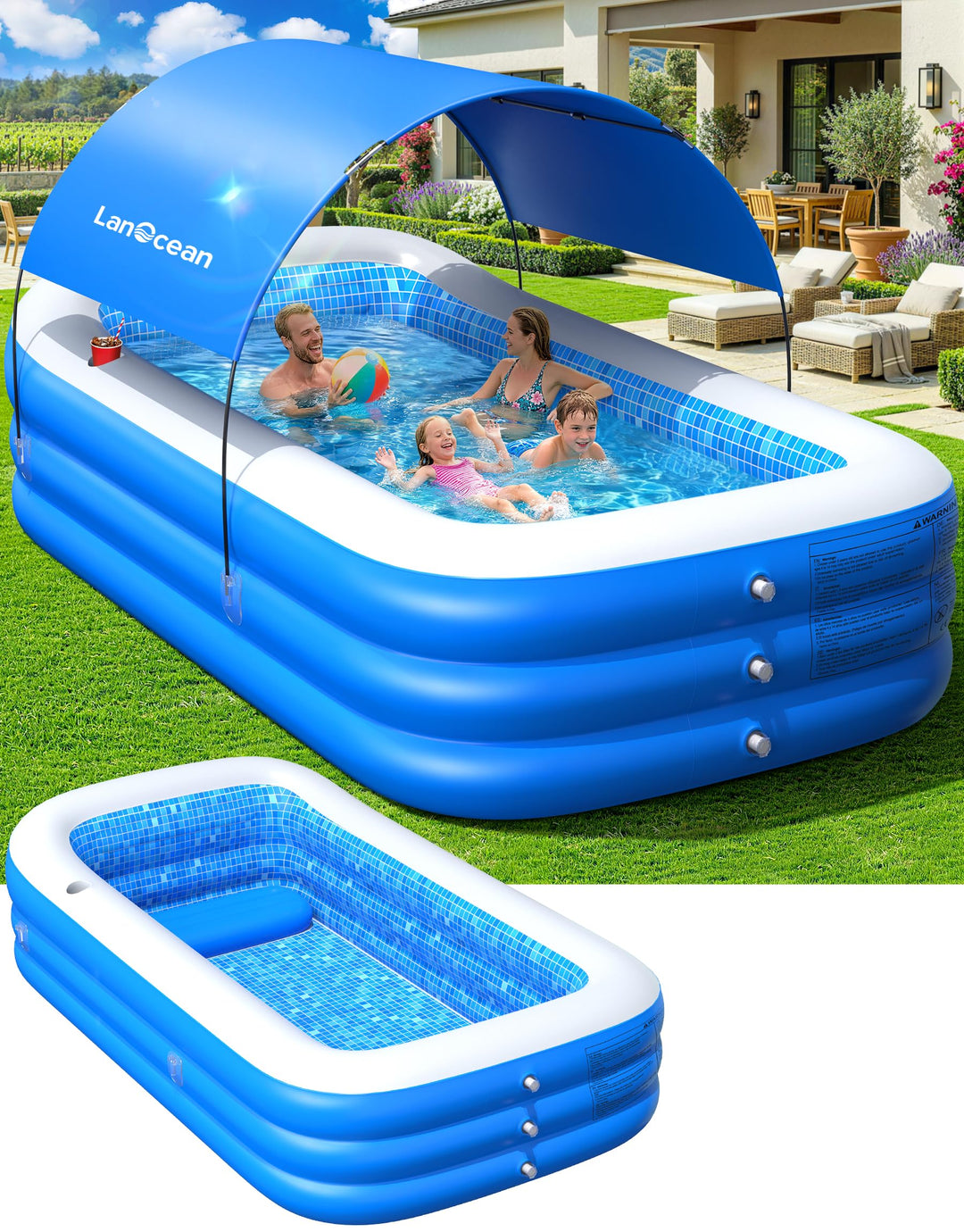 LanOcean Aufblasbarer Pool mit Sonnenschirm, 280*160*50CM Rechteckig Planschbecken für Kinder Gross,
