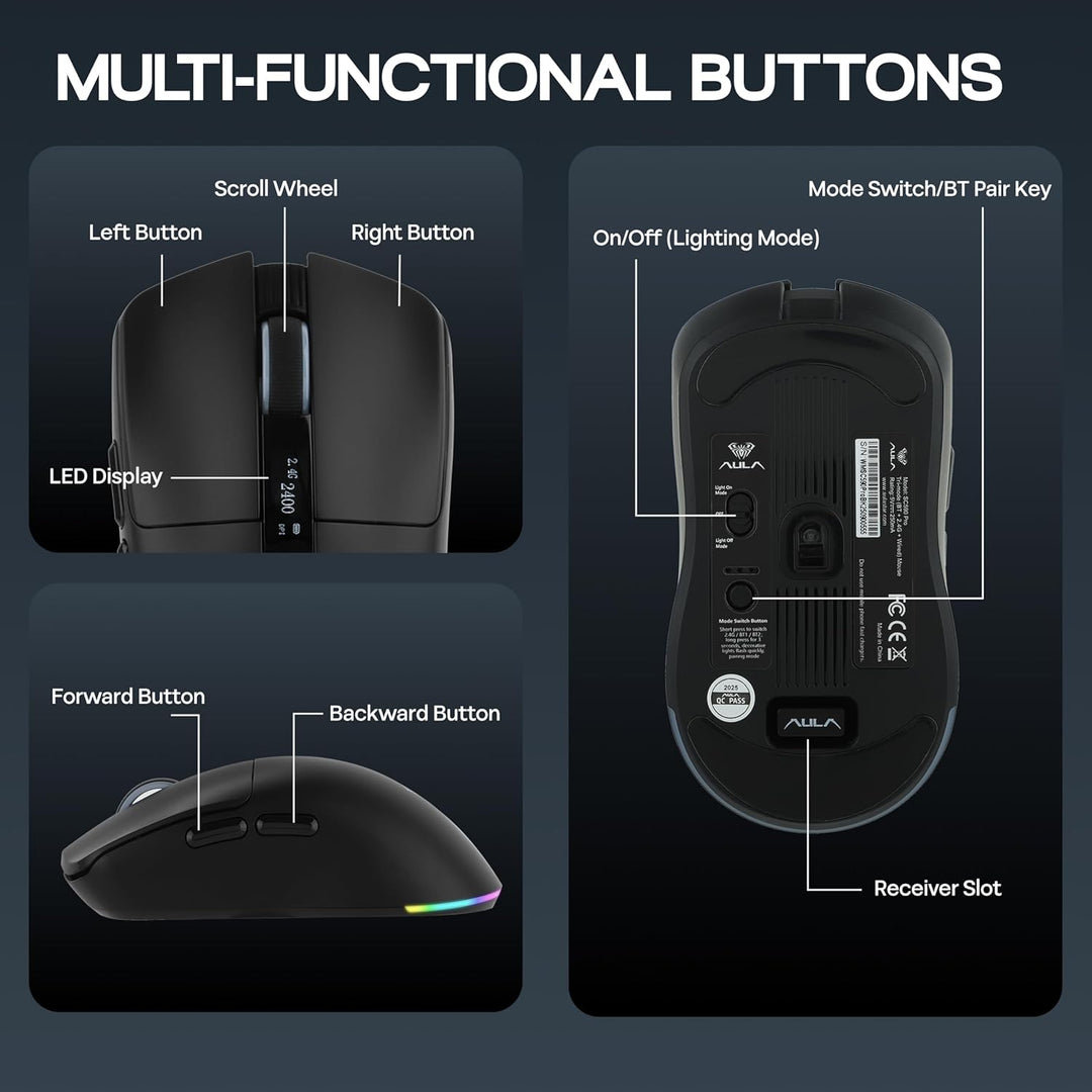 MechLands Aula SC590 PRO Gaming-Maus mit Display, kabellose 2,4-GHz/USB-C/BT Maus mit 500-mAh-Akku,