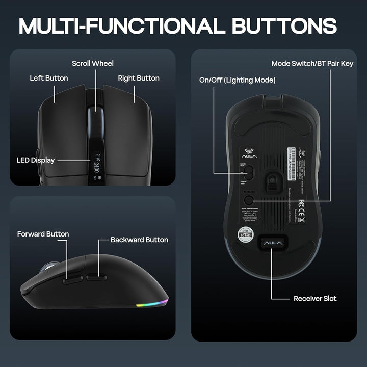 MechLands Aula SC590 PRO Gaming-Maus mit Display, kabellose 2,4-GHz/USB-C/BT Maus mit 500-mAh-Akku,