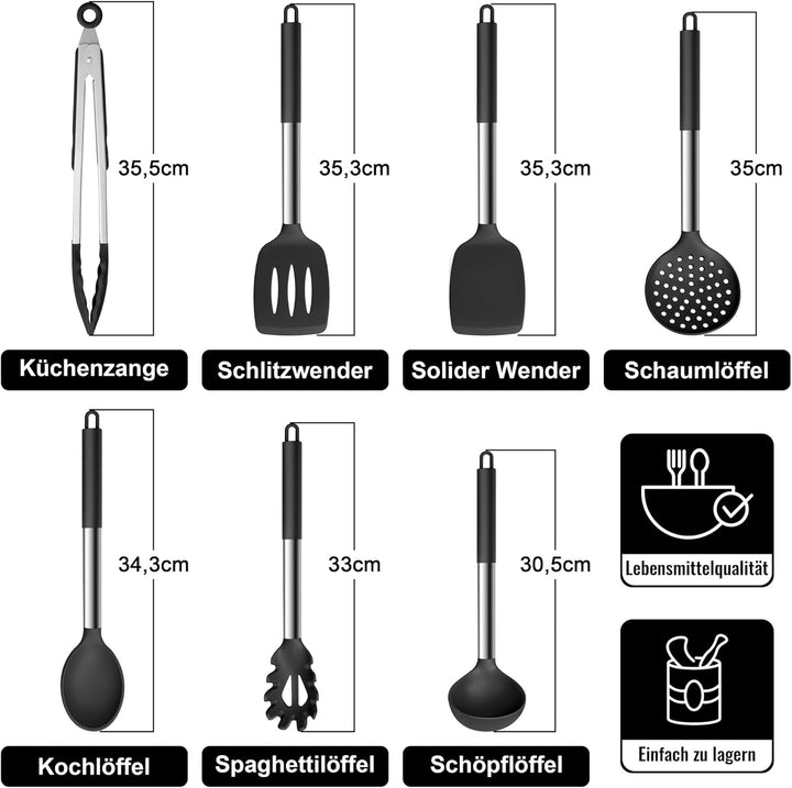 Herogo Küchenhelfer Set, 7 Stück Silikon Küchenutensilien Set, Küchenutensilienset mit Edelstahlgrif