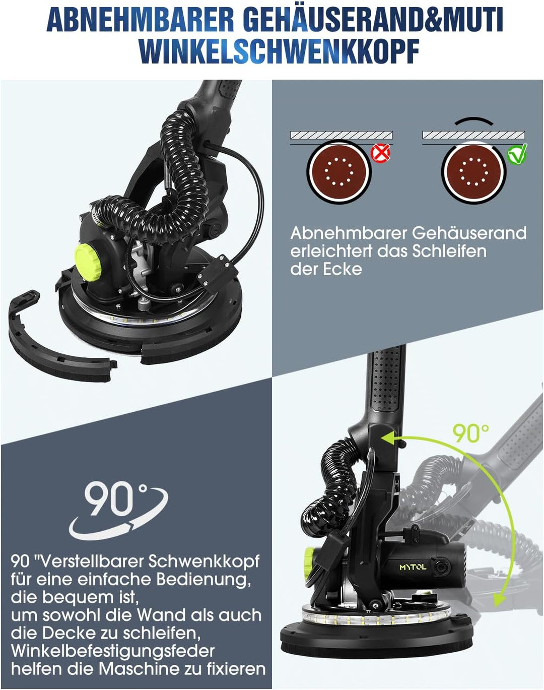 Trockenbauschleifer 900W, Wandschleifer & Deckenschleifer mit Absaugung, 1800 U/min, 6-Stufen Geschw