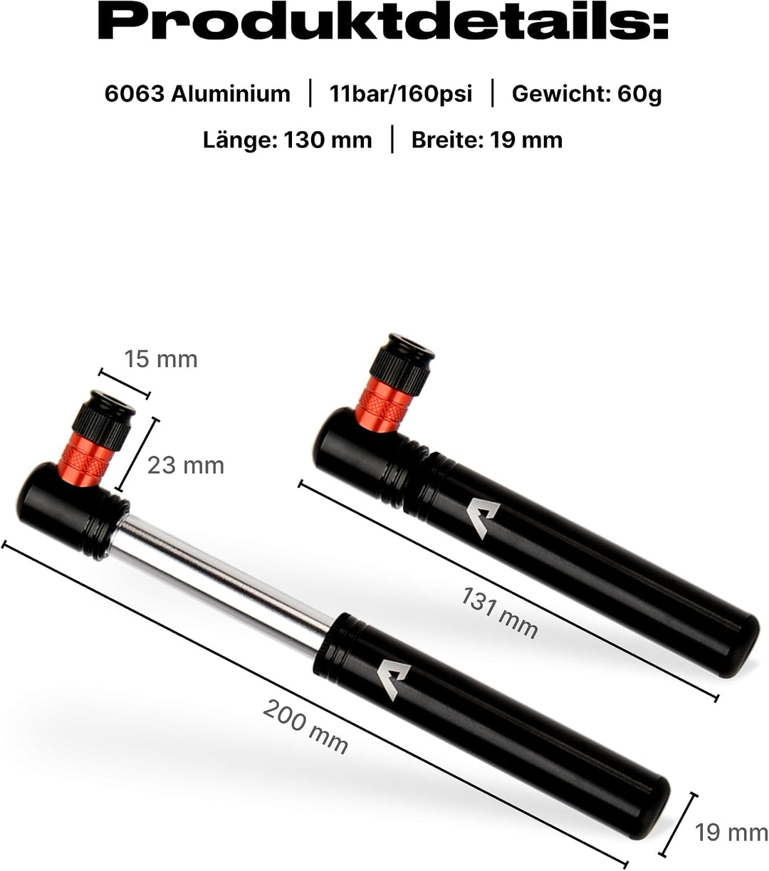 Alpensattel Fahrrad Mini-Pumpe mit Rahmenhalterung, 6063 Aluminium, 60 g, 130 mm, bis 11 bar / 160 p