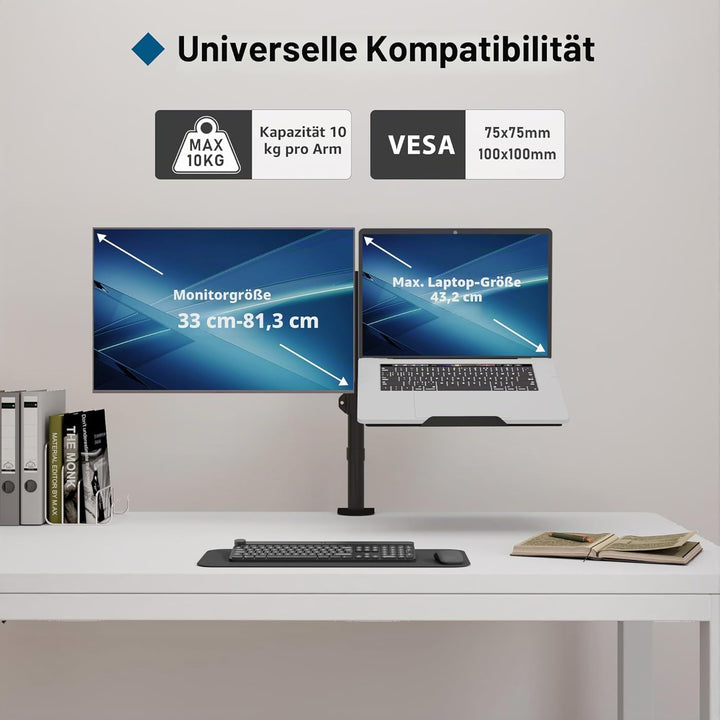 BONTEC Monitor Halterung mit Laptop Arm für 13-27 Zoll LCD LED Bildschirm bis zu 15,6“ Notebook, Nei