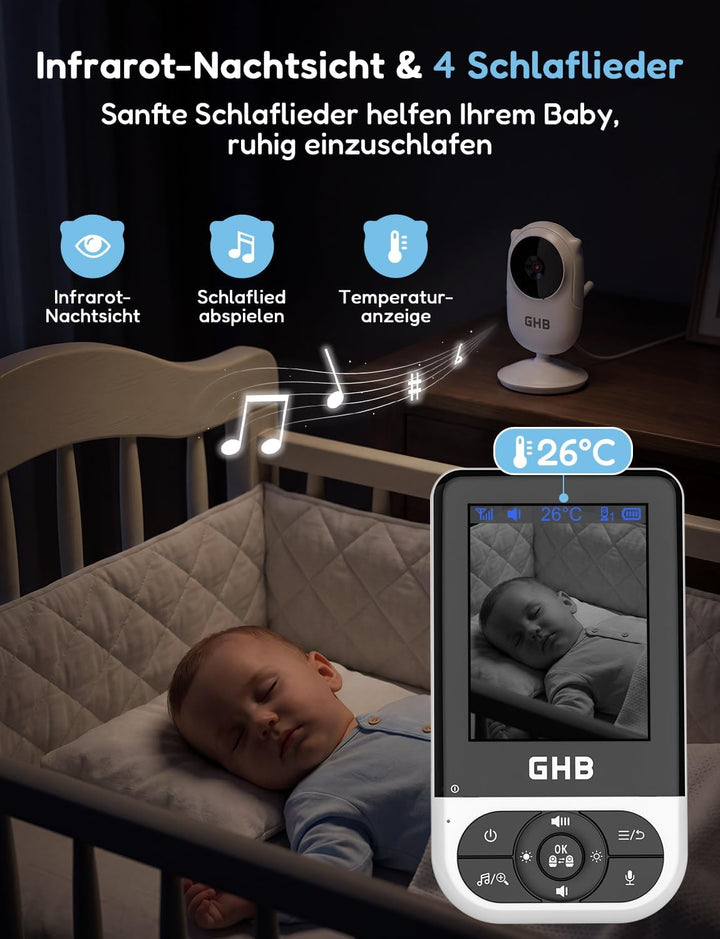 GHB Babyphone mit Kamera Baby Monitor 2,8 Zoll Schwarz | VOX-Modus Max. 35 Std, Infrarot-Nachtsicht,